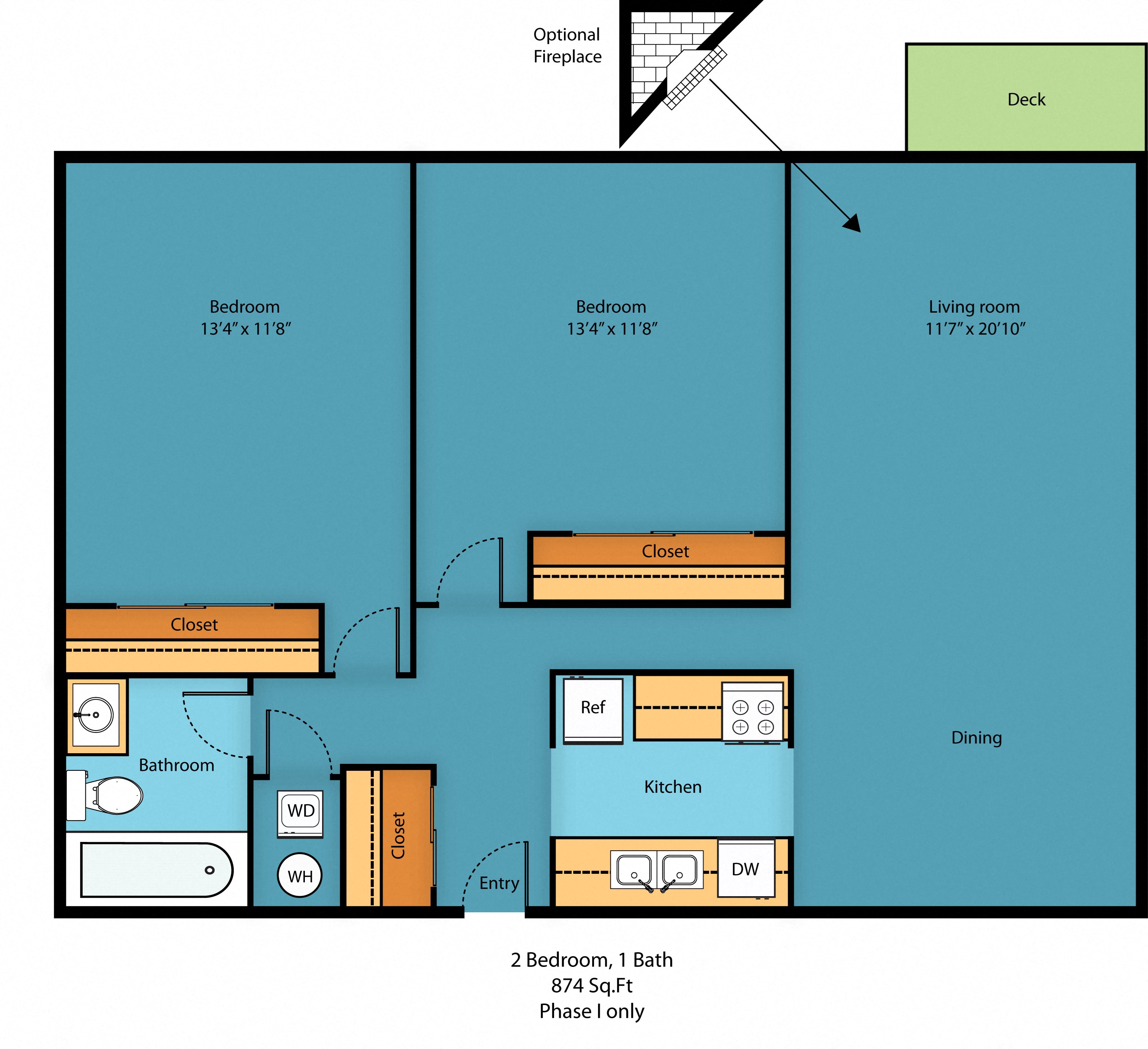 Floor plan for 2 beds, 1 bath, 874 sqft